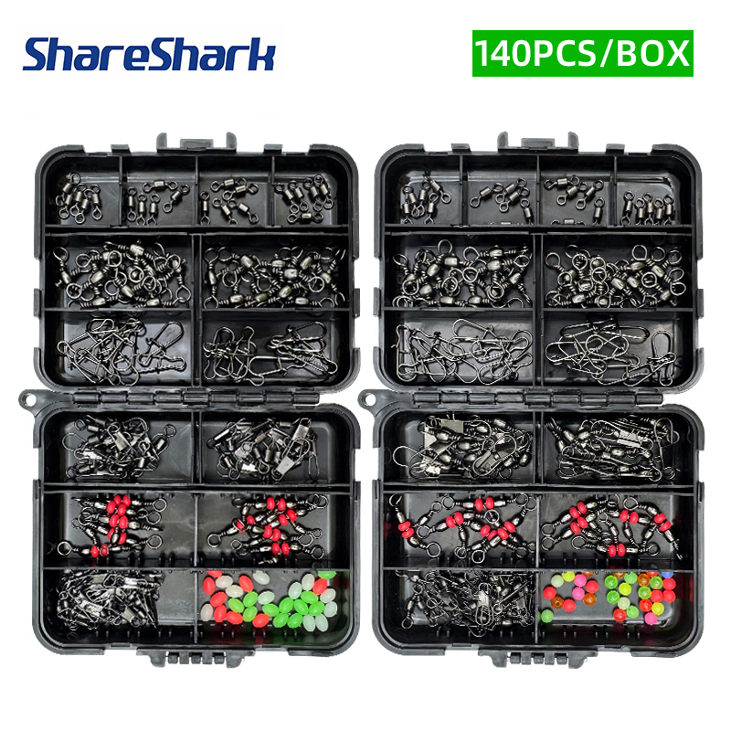 Fishing Lure Spinnerbait - ShareShark 140個釣りアクセサリーセット、ルアーフィッシングスイベルストッパービーズ（ブラックボックス付き）、釣り人向け